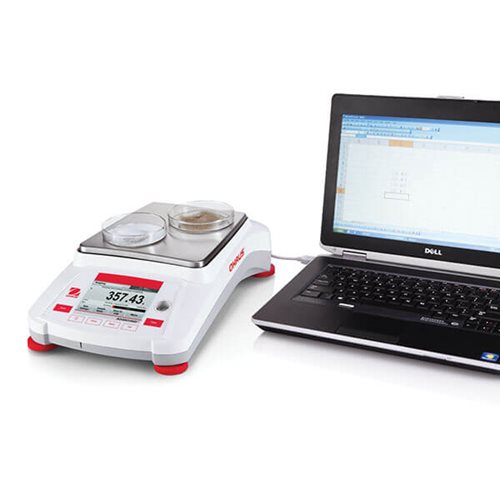 Ohaus Adventurer AX precision balance connected to a computer