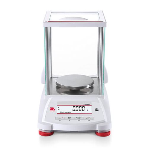 Front view of Ohaus Pioneer PX precision laboratory balance with glass draught shield
