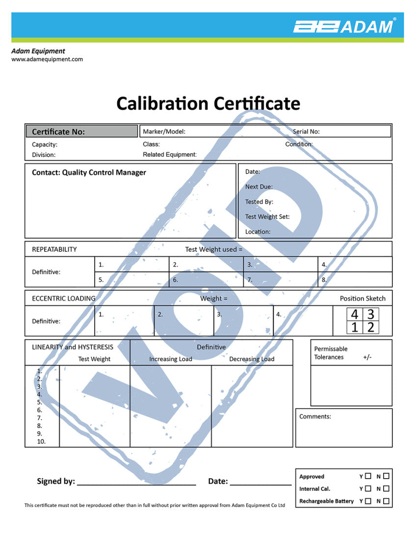 Adam Equipment 700660289 Calibration Certificate for 500 kg and 600 kg Scales