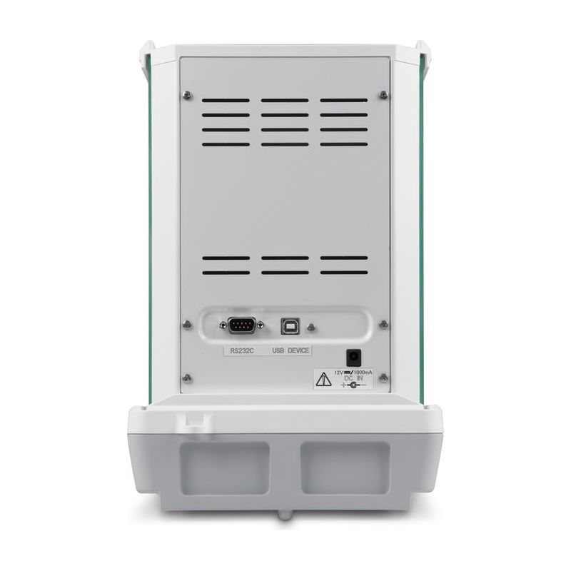 Device on lab bench with draft shield visible of Kern professional weighing scale