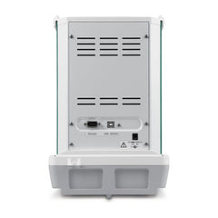 Device on lab bench with draft shield visible of Kern professional weighing scale