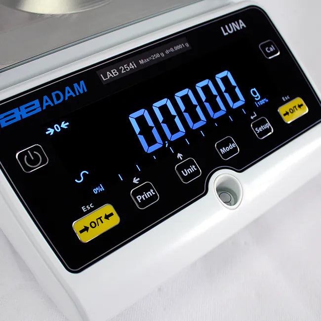 Close up view of Adam Luna analytical laboratory scale digital display