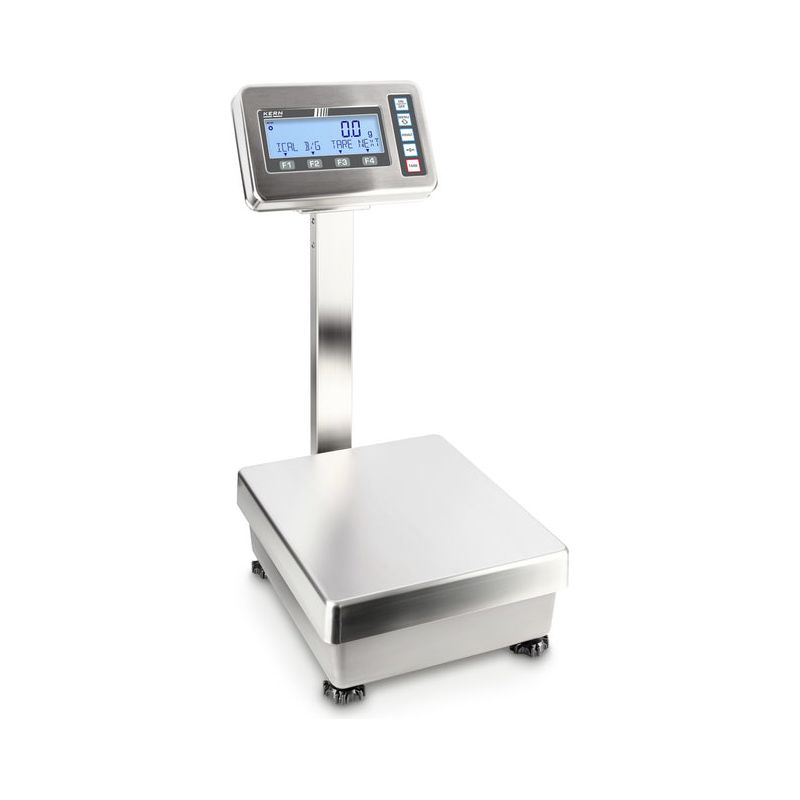 Scale in use with sample container placed on pan of Kern high-accuracy weighing device