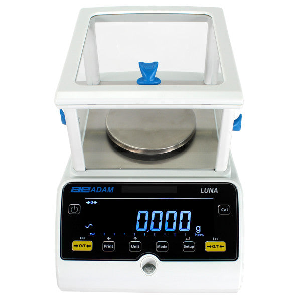 Front view of Adam Luna precision laboratory balance with glass draught chamber