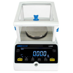 Front view of Adam Luna precision laboratory balance with glass draught chamber