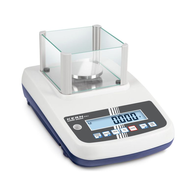 Front view of Kern EWJ digital laboratory scale with draught shield