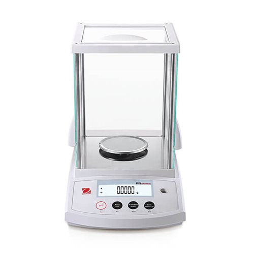 Front view of Ohaus PR precision laboratory balance with glass draught shield