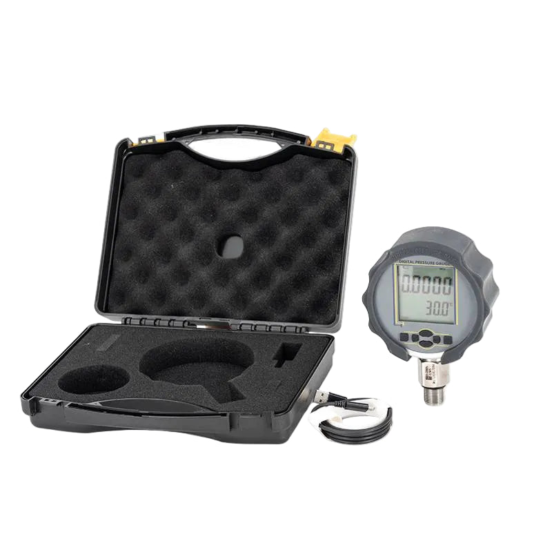 Pressure gauge with digital display and case on a white background