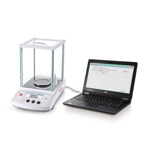 Ohaus PR precision laboratory balance connected to a laptop via USB interface