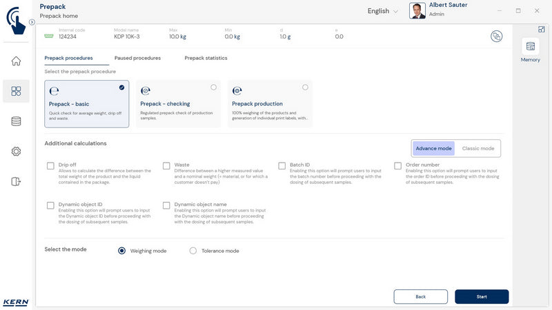 Kern SET-17 EasyTouch PrePack Software