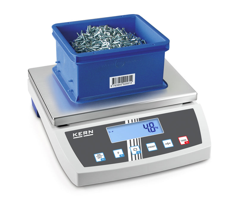 Kern FKB scale with a blue container of screws on a white background