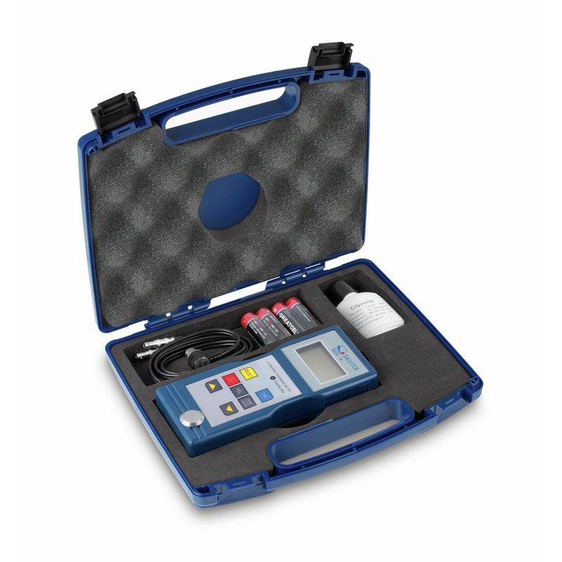 Sauter TB Ultrasonic thickness gauge kit in a blue carrying case on a white background