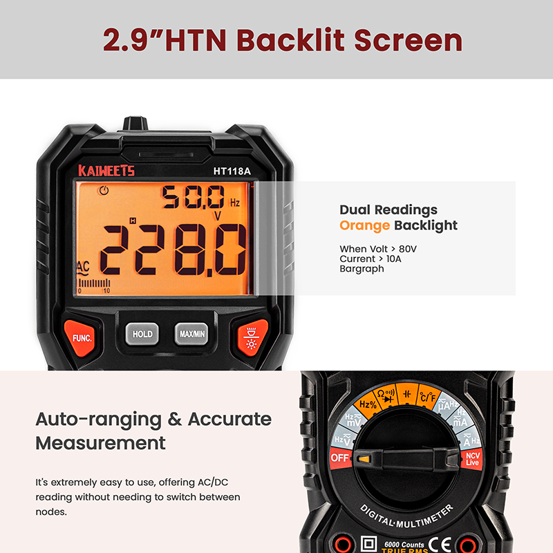 Kaiweets HT118A Digital AC/DC Multimeter - TRMS 6000 Counts - GNW Instrumentation