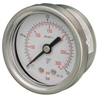 A 50mm stainless steel pressure gauge with a removable bayonet, polycarbonate window, and black aluminium pointer, displaying dual psi and bar scales.