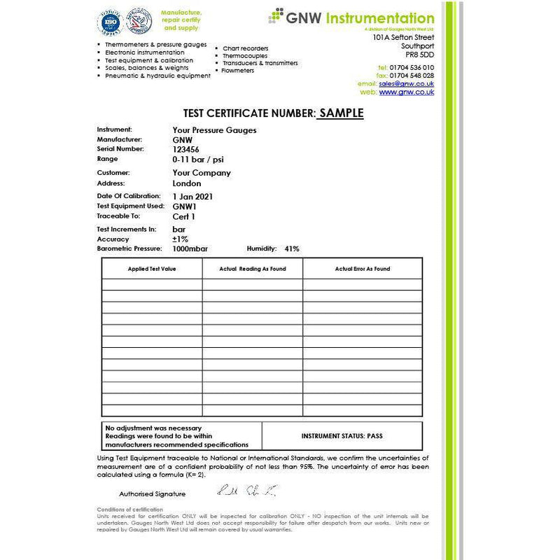 Pressure Gauge Calibration Certificate - GNW Instrumentation
