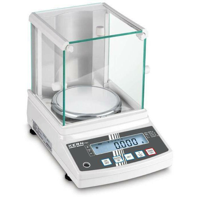 Side view of Kern PNS / PNJ precision laboratory balance with glass draught shield